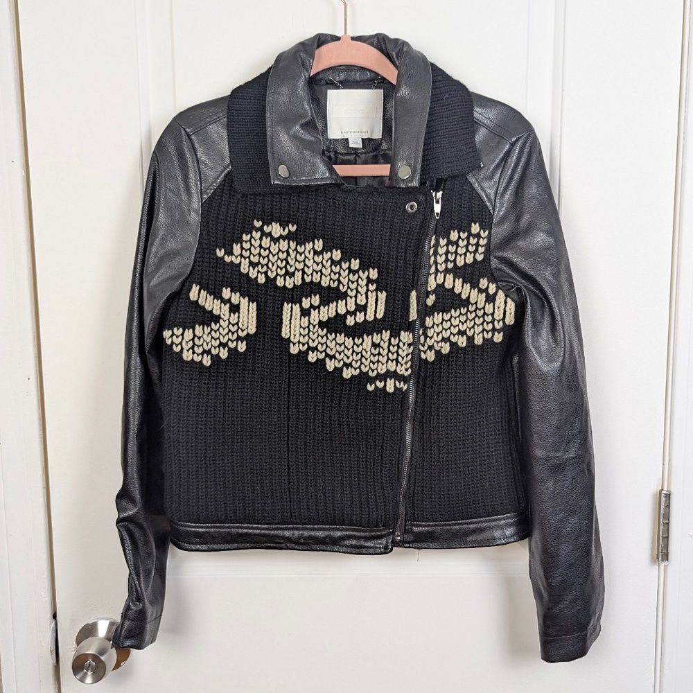 Anthropologie | Black Cream Geometric Knit Moto Jacket Size Small